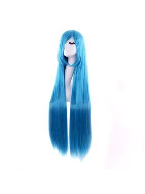 Women's Cyan Blue 40 Inch Oblique Synthetic Modern Long Straight Wig Bangs